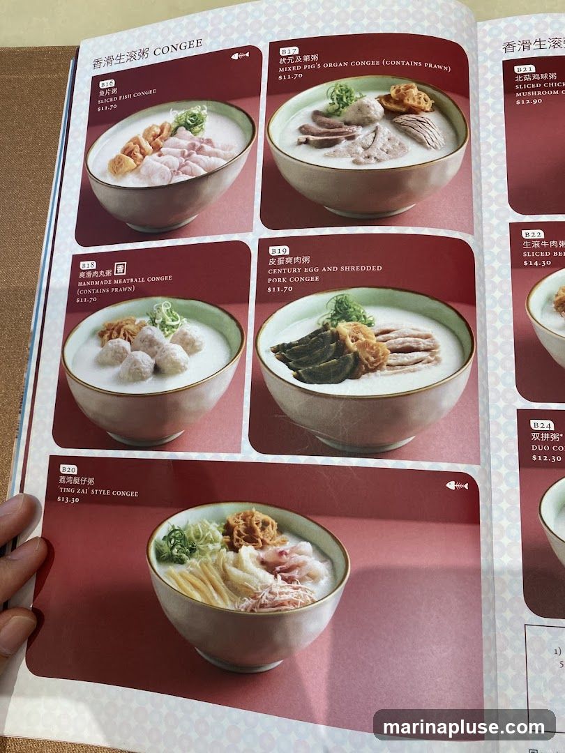 A menu page featuring various congee dishes with descriptions and prices.