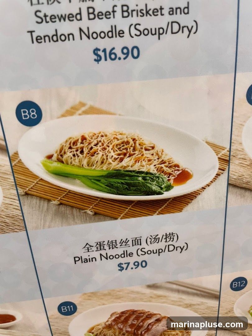 A menu featuring noodle dishes with prices.