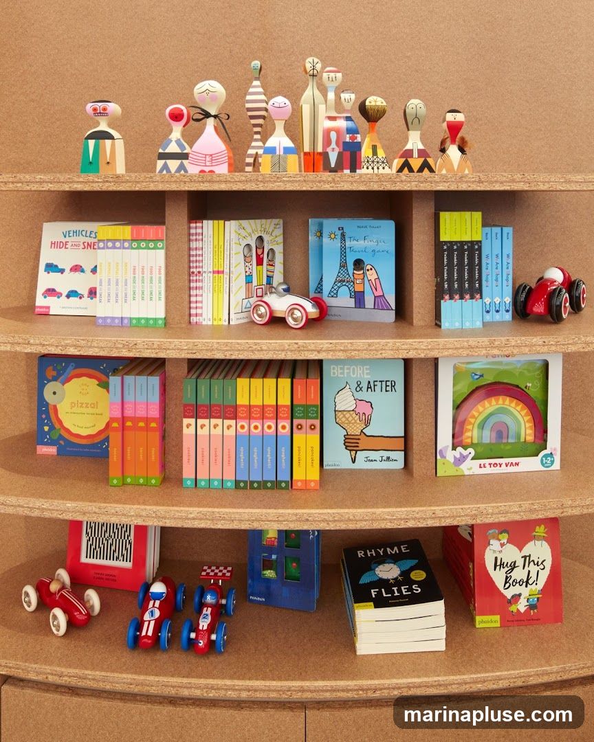 A display of children's books and wooden toys on cork shelves. The top shelf features wooden peg dolls. The second shelf has books titled 'Vehicles Hide and Sneak', 'The Finger Travel Game', and 'We Are Shapes', along with a toy car. The third shelf contains books like 'pizzal', a set of colorful books, 'Before & After', and a 'Le Toy Van' rainbow toy. The bottom shelf displays toy race cars, a book titled 'Rhyme Flies', and a book called 'Hug This Book!'.