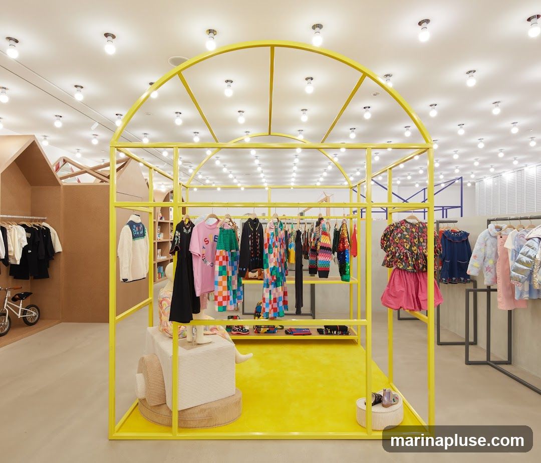 The interior of a brightly lit children's clothing store. A prominent yellow metal structure with an arched top displays colorful garments on hangers. To the left, a rack of black and white clothing is visible, along with a small bicycle. In the background, cardboard structures resembling houses are present. The ceiling is adorned with numerous light bulbs.