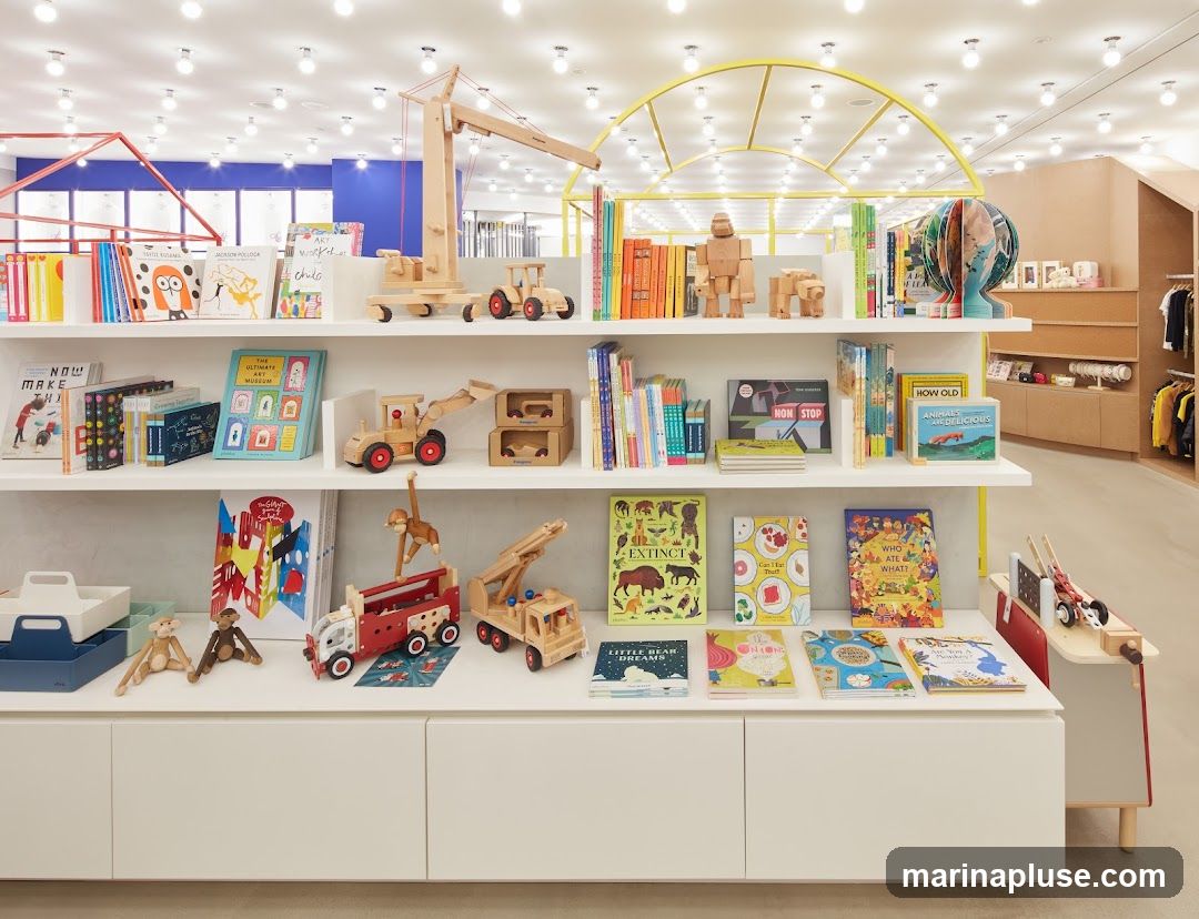 A brightly lit interior of a children's bookstore with shelves stocked with books and wooden toys. The shelves display a variety of colorful children's books, including titles like "Extinct," "Who Ate What?", and "Little Bear Dreams." Wooden toys, such as a crane, a tractor, and a fire truck, are also prominently featured. In the background, clothing racks with children's apparel are visible, suggesting a retail environment.
