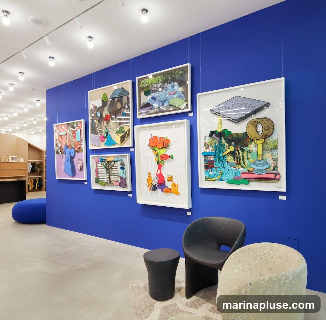 A vibrant blue wall in a store is adorned with several framed artworks. In the foreground, modern seating includes a dark stool, a black chair, and a speckled light-colored chair. The artworks appear to be mixed-media collages with colorful, abstract, and whimsical elements. In the background, a retail display with clothing racks and shelving is visible, suggesting this is a boutique or a section of a larger store.