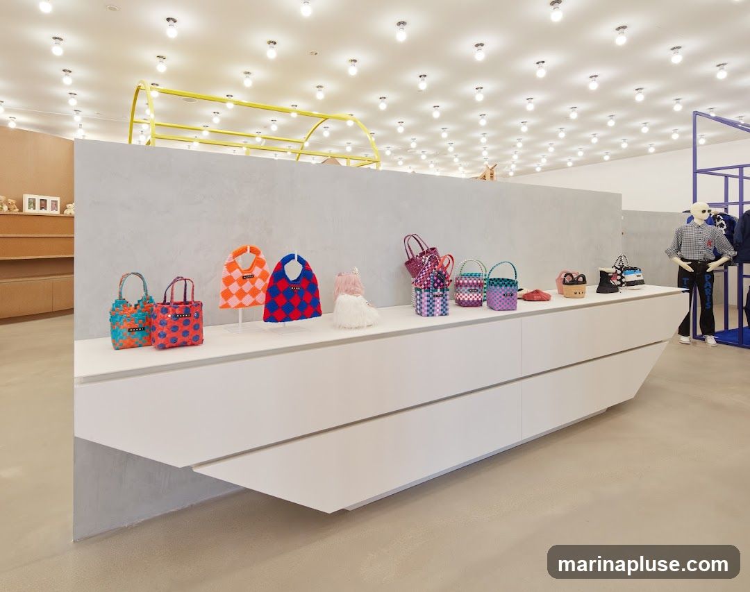 A brightly lit store interior displays a variety of colorful woven handbags and accessories on a white counter. In the background, mannequins are dressed in fashionable clothing, and shelving units hold additional merchandise. The ceiling is adorned with numerous small, exposed light bulbs, creating a unique lighting effect.