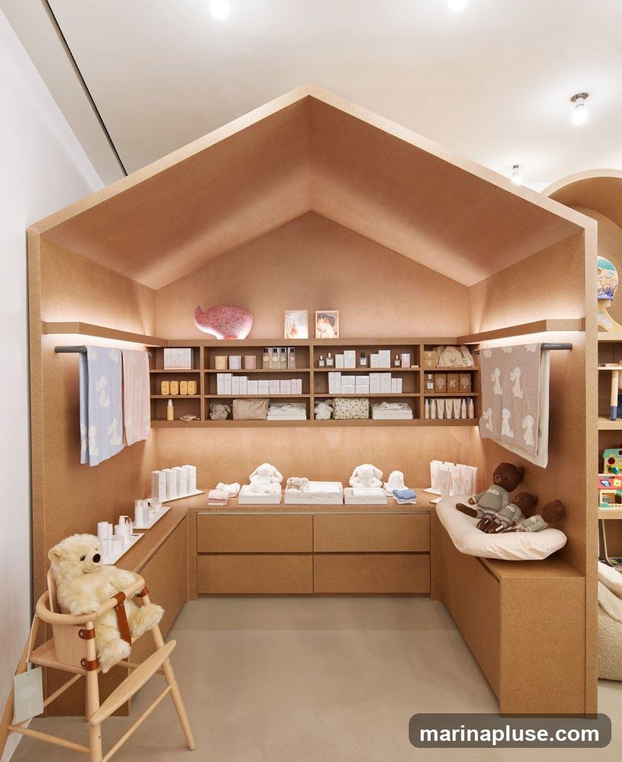 The interior of a store displays baby products, including stuffed animals, blankets, and skincare items, arranged on shelves and counters within a house-shaped structure.