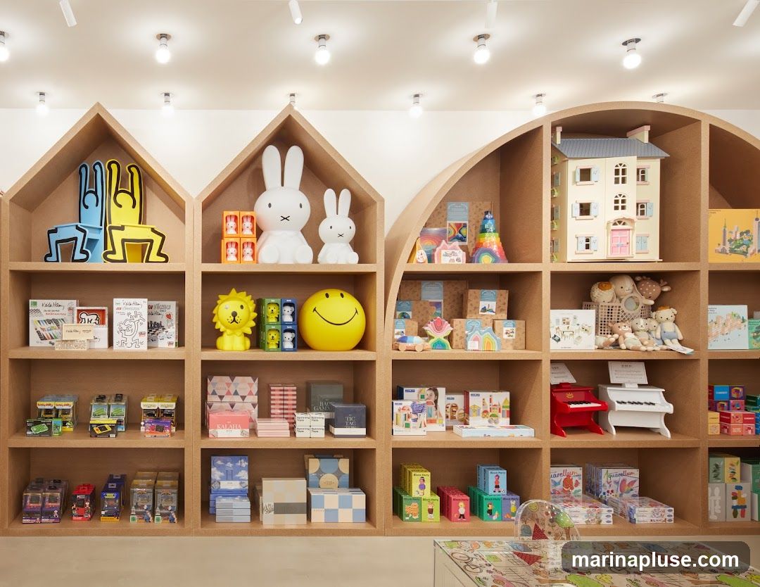 A well-lit interior view of a children's toy store, showcasing a variety of toys displayed on wooden shelves. The shelves are organized into sections with arched and house-shaped tops. Featured items include Miffy lamps, stuffed animals, building blocks, toy cars, dollhouses, and educational games. A clear table with a colorful print is visible in the foreground.