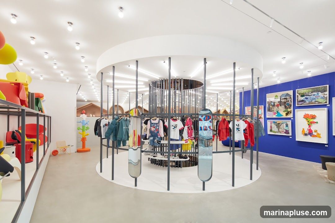 A brightly lit interior of a children's clothing store. A circular display rack in the center showcases various colorful children's apparel, including jackets, t-shirts, and overalls. To the left, shelves display more clothing and colorful furniture pieces. The back wall is painted a vibrant blue and adorned with framed artwork.