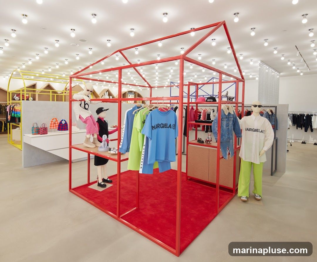 A brightly lit clothing store interior with a red, house-shaped display structure in the foreground. The structure holds several mannequins and racks of clothing, including t-shirts with the "MARGIELA" logo. To the left, a yellow structure displays more clothing and accessories. In the background, racks of clothing are visible, and mannequins are placed throughout the store.