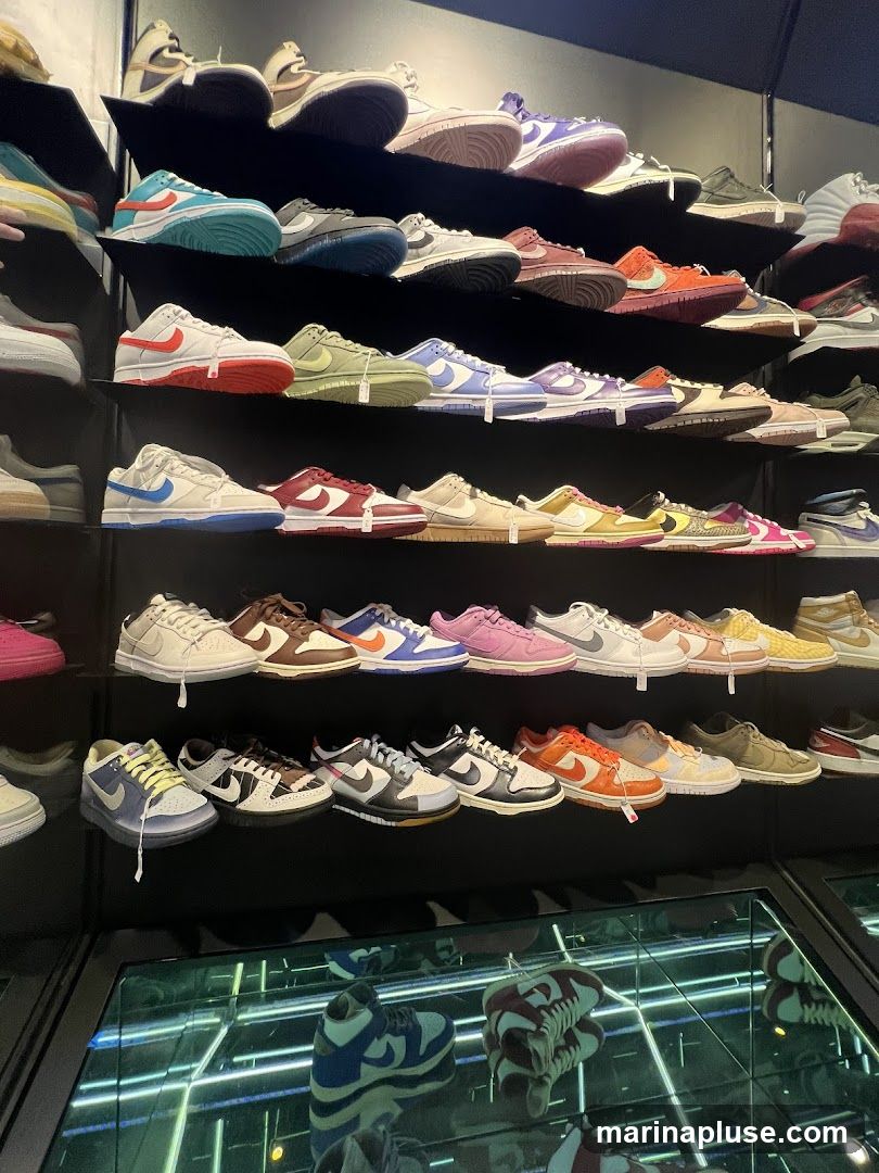 A wall display of numerous pairs of sneakers on shelves. The sneakers are of various colors and styles, predominantly Nike brand. Below the shelves, a mirrored display case shows more sneakers, some with reflective lighting.