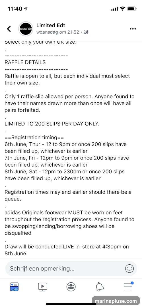 This is a social media post detailing a raffle for shoe sizes. It outlines the rules for entry, including a limit of one raffle slip per person per day, and a maximum of 200 slips per day. The registration timing is specified for June 6th, 7th, and 8th, with specific hours or until 200 slips are filled. It also states that adidas Originals footwear must be worn during the registration process, and anyone found to be swapping or borrowing shoes will be disqualified. The draw will be conducted live in-store on June 8th at 4:30 pm.
