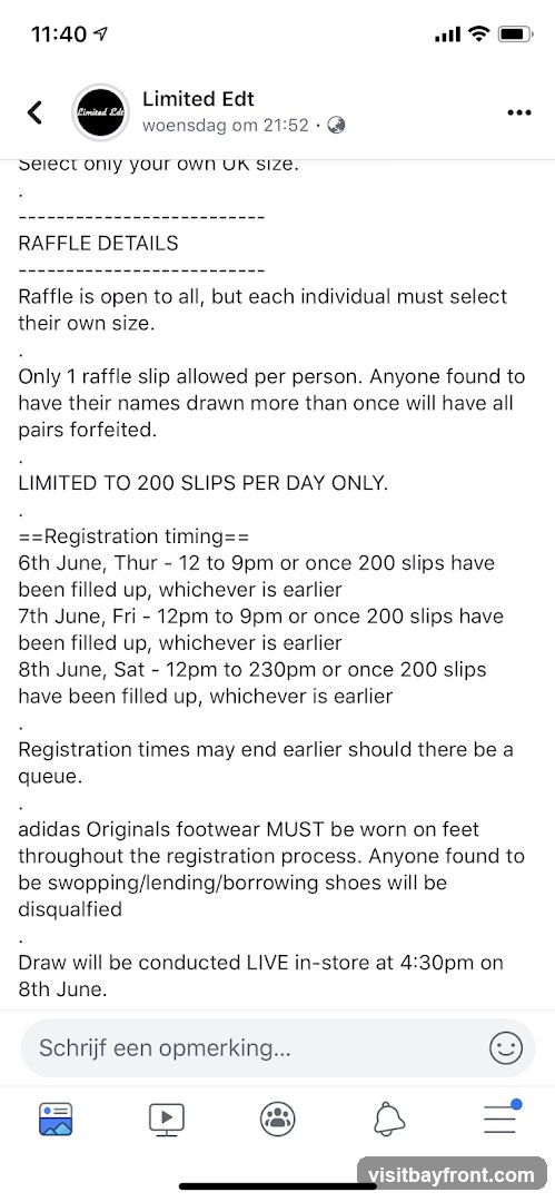 This is a social media post detailing a raffle for shoe sizes. It outlines the rules for entry, including a limit of one raffle slip per person per day, and a maximum of 200 slips per day. The registration timing is specified for June 6th, 7th, and 8th, with specific hours or until 200 slips are filled. It also states that adidas Originals footwear must be worn during the registration process, and anyone found to be swapping or borrowing shoes will be disqualified. The draw will be conducted live in-store on June 8th at 4:30 pm.