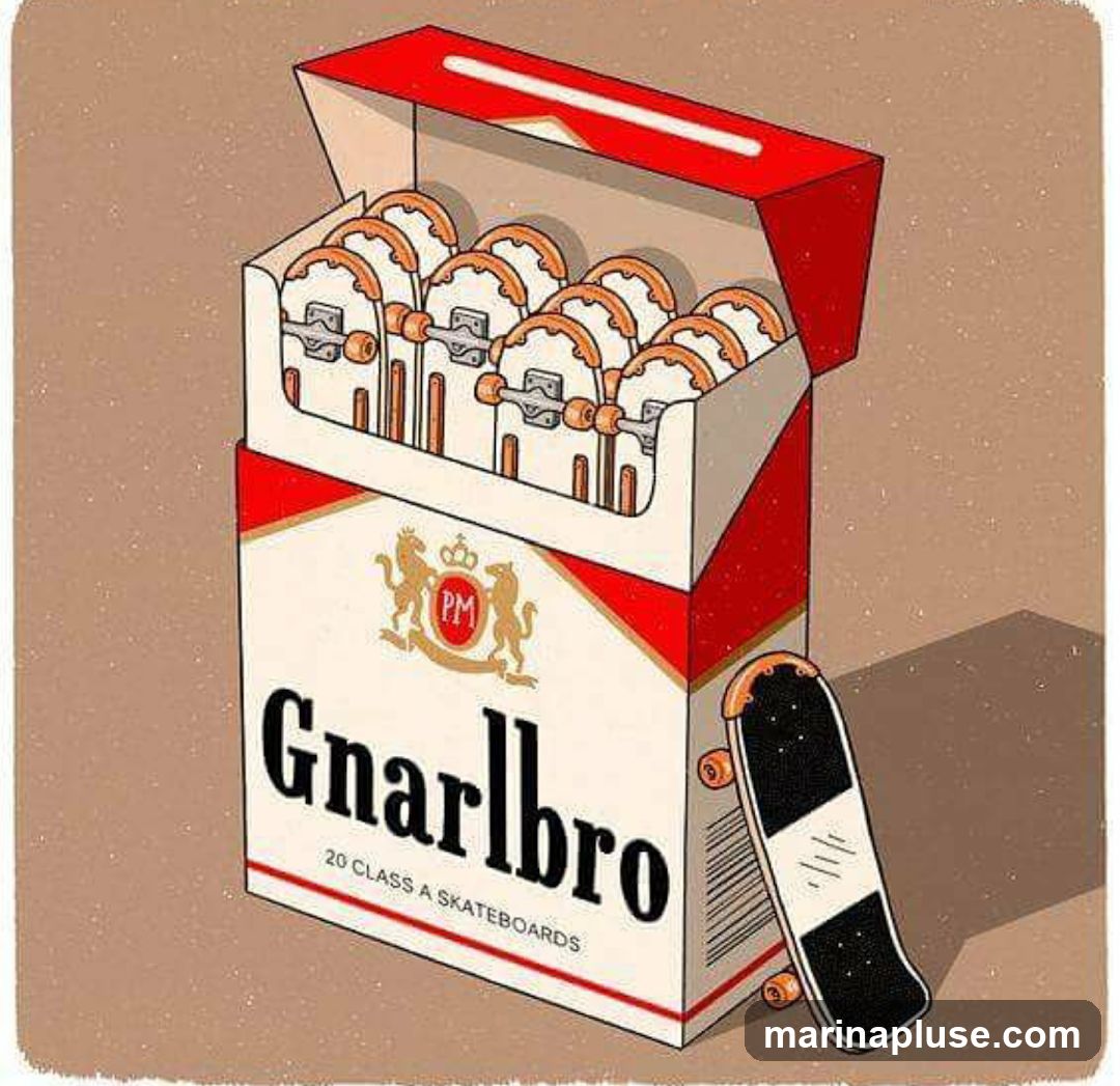 A pack of cigarettes is depicted, but instead of cigarettes, it is filled with miniature skateboards. A single skateboard leans against the pack. The pack is labeled "Gnarlbro" and "20 CLASS A SKATEBOARDS".