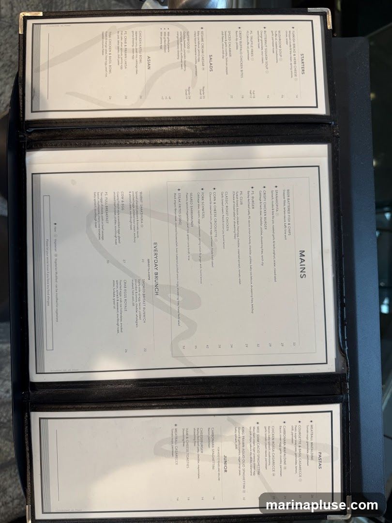 A multi-panel menu with sections for Starters, Asian, Salads, Mains, Pastas, Everyday Brunch, and Junior.