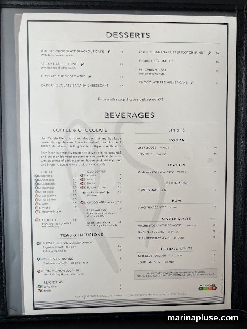 A menu featuring desserts, coffee, tea, and spirits. Desserts include Double Chocolate Blackout Cake, Sticky Date Pudding, Ultimate Fudgy Brownie, Dark Chocolate Banana Cheesecake, Golden Banana Butterscotch Bundt, Florida Key Lime Pie, PS. Carrot Cake, and Chocolate Red Velvet Cake. Beverages include various coffees, iced coffees, hot chocolate, Irish Coffee, chai latte, teas, and a selection of spirits like vodka, tequila, bourbon, rum, single malts, and blended malts.
