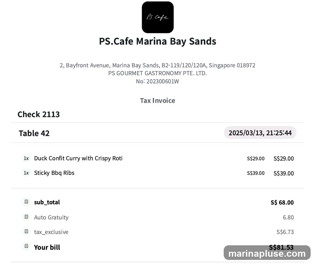 Tax invoice for PS.Cafe Marina Bay Sands, Check 2113, Table 42. Includes items: Duck Confit Curry with Crispy Roti and Sticky Bbq Ribs.