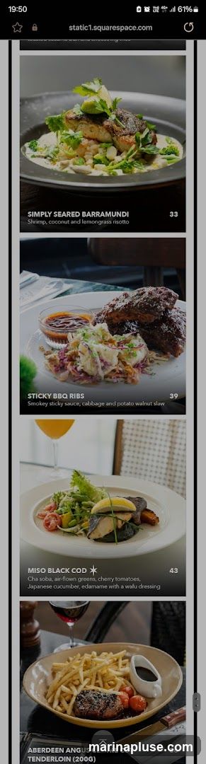 A scrolling menu with images of food items and their descriptions and prices.