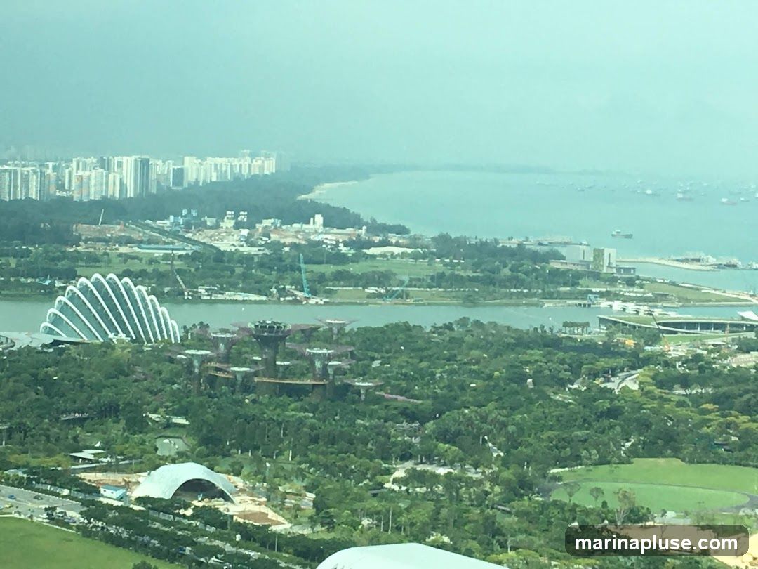 An aerial view of Singapore's cityscape, featuring the iconic Gardens by the Bay with its distinctive Supertree Grove and conservatories. The urban skyline with numerous high-rise buildings stretches along the coast, meeting the calm sea dotted with boats. Lush greenery covers much of the foreground and midground, interspersed with modern architectural structures.