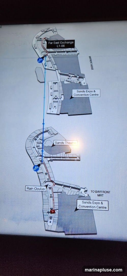 A map showing directions within a complex, highlighting locations such as Far East Exchange, Sands Expo & Convention Centre, Sands Theatre, and Rain Oculus. It also indicates a route to Bayfront MRT.