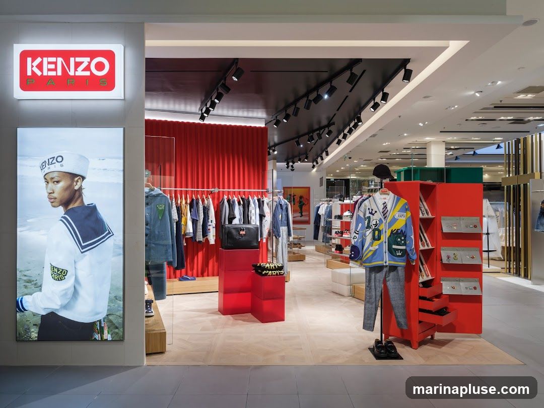 A brightly lit retail store display featuring Kenzo Paris apparel. A large illuminated sign with the Kenzo Paris logo is visible on the left, alongside a vertical advertisement featuring a model in a sailor-style outfit. Inside the store, clothing racks display a variety of garments, including denim jackets, sweaters, and shirts. A prominent red display unit showcases accessories and more clothing. The store interior features modern lighting and a light-colored wooden floor.