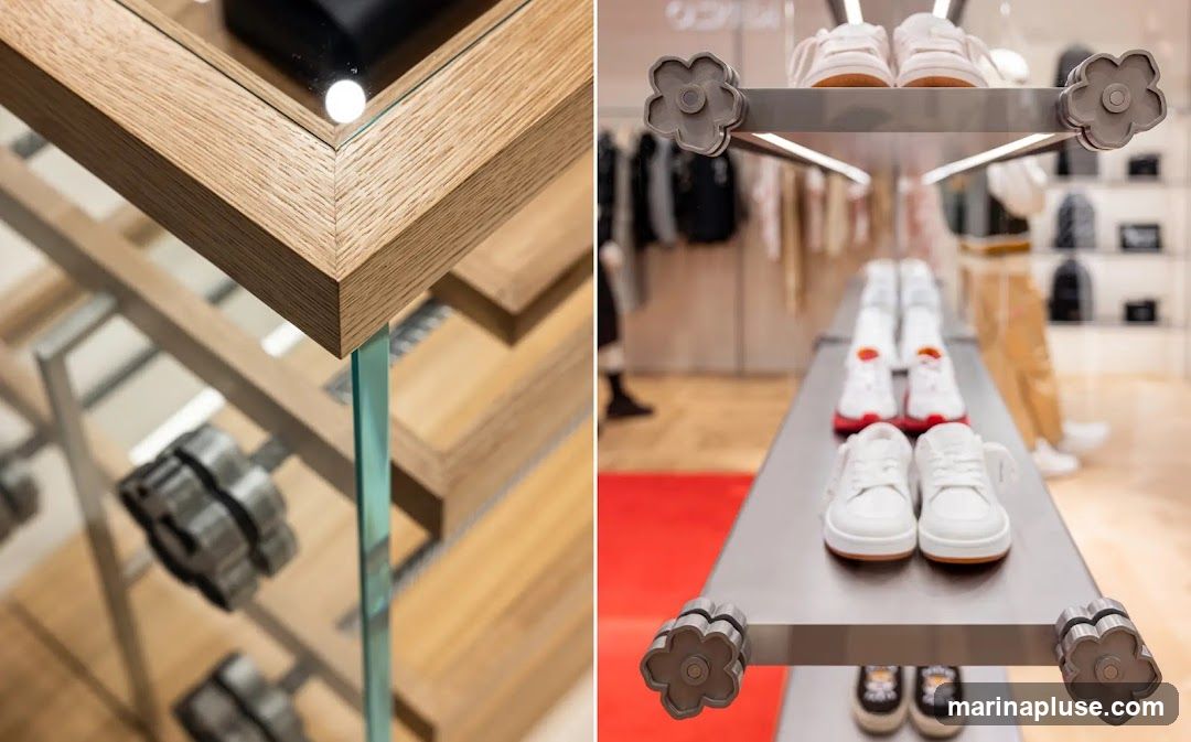 A split image showing two perspectives of a retail store interior. The left side features a close-up of a wooden-framed glass display case with items inside. The right side shows rows of white sneakers displayed on metal shelving units, with clothing racks and a person in the background.