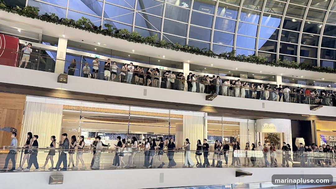 A wide shot of a modern shopping mall with people gathered on two different levels. The upper level has a long railing with many people standing and looking down. The lower level also has a railing with a line of people walking along it. The mall features a large glass ceiling with a geometric pattern, and lush greenery is planted along the upper railing. A sign for "Milos" is visible on the lower level.