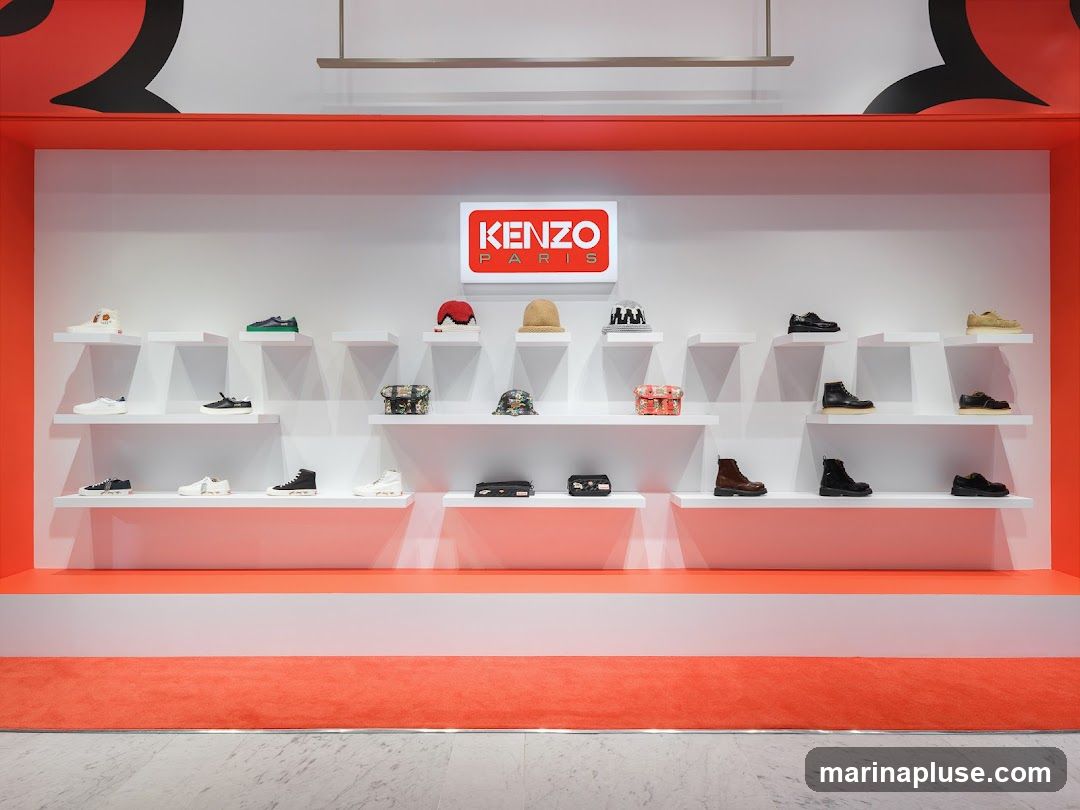 A retail display featuring Kenzo Paris footwear and accessories. The wall is white with a red border and a prominent illuminated Kenzo Paris sign. Shelves display various shoes, hats, and bags. The floor is covered with an orange carpet.