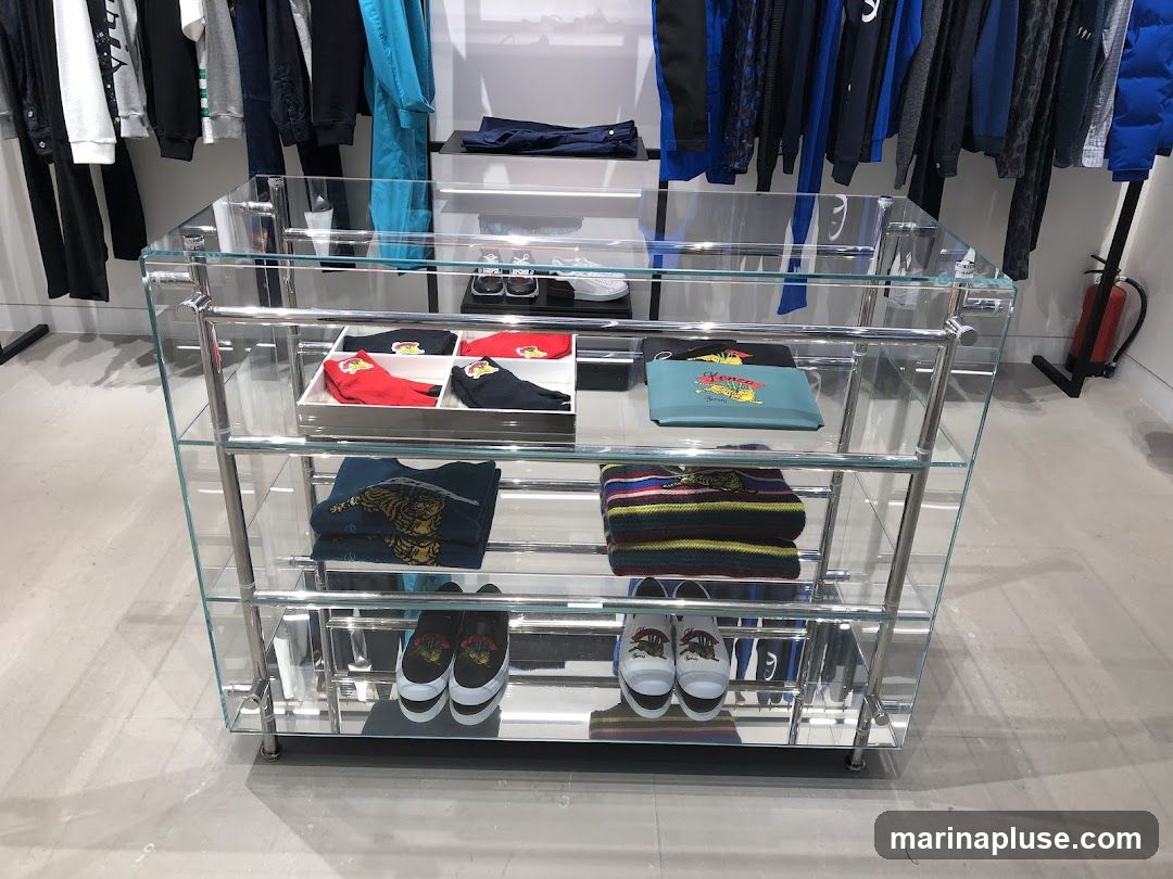 A glass display case filled with clothing and accessories in a store. On the top shelf are red and black socks. The second shelf has a blue pouch with a tiger design and a black item. The third shelf displays a dark blue sweater with a tiger design. The bottom shelf holds two pairs of sneakers, one black and one white, both with tiger designs. Behind the display case, clothing is hung on racks, including jackets, sweaters, and shirts in various colors like blue, black, and white. A fire extinguisher is visible on the right side of the image.