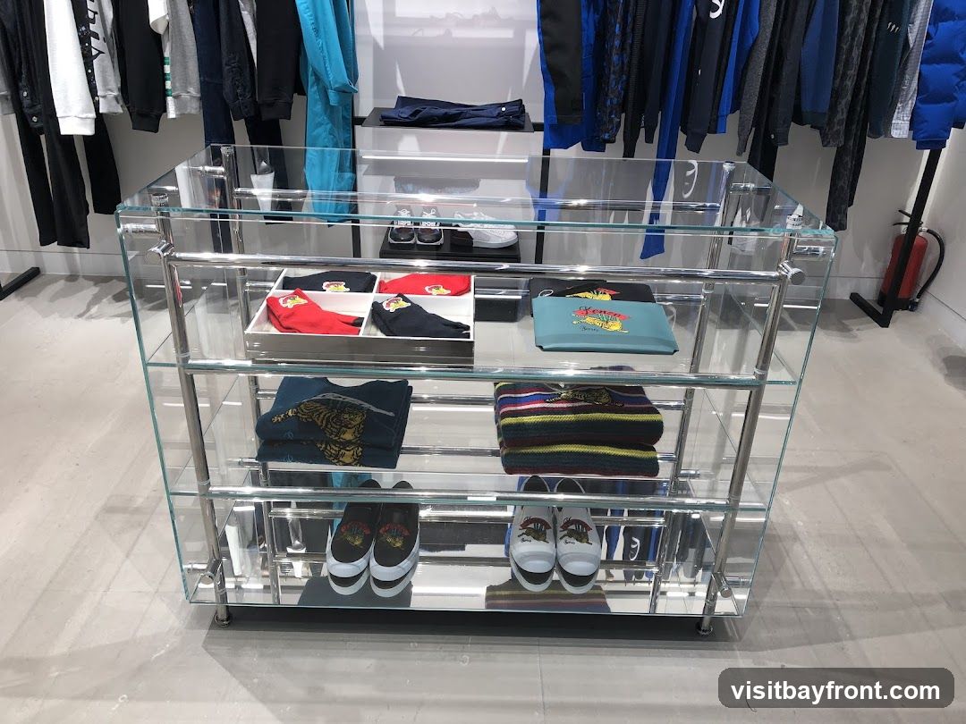A glass display case filled with clothing and accessories in a store. On the top shelf are red and black socks. The second shelf has a blue pouch with a tiger design and a black item. The third shelf displays a dark blue sweater with a tiger design. The bottom shelf holds two pairs of sneakers, one black and one white, both with tiger designs. Behind the display case, clothing is hung on racks, including jackets, sweaters, and shirts in various colors like blue, black, and white. A fire extinguisher is visible on the right side of the image.