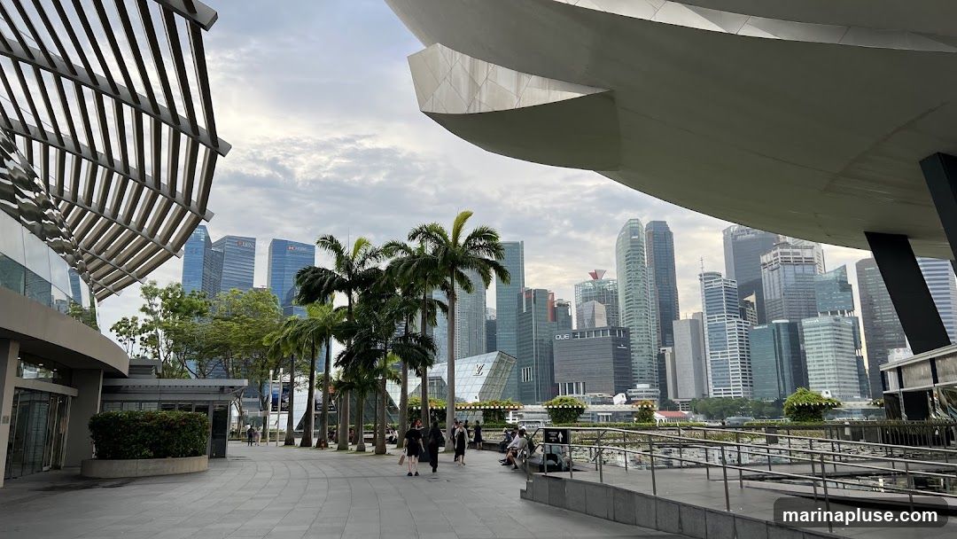 A wide-angle view of a modern architectural structure with a slatted roof, leading to a plaza with palm trees and a cityscape in the background. People are seen walking and sitting in the plaza. The buildings in the distance represent a bustling urban environment.