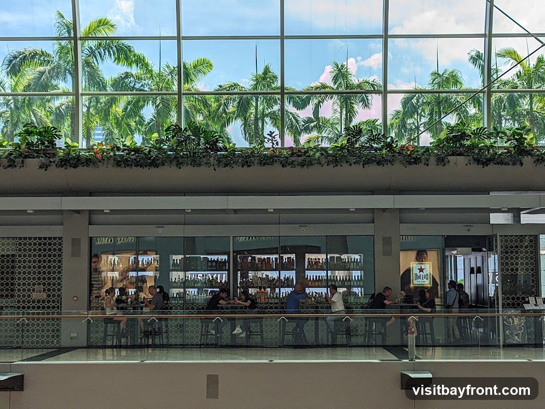 An interior view of a bar or cafe with a long counter where patrons are seated. Behind the counter, shelves are stocked with numerous bottles. A large window behind the bar offers a view of lush palm trees and a blue sky with clouds. A framed advertisement featuring a star and the text "Dallas Cafe & Bar" is visible on the wall.
