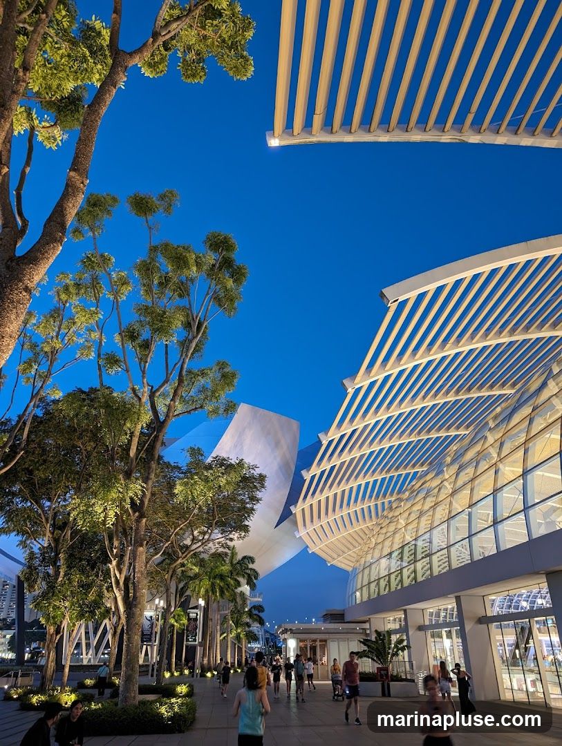 A wide pedestrian walkway lined with trees and modern architectural structures under a clear blue evening sky. The buildings feature contemporary designs with glass facades and unique roof structures. People are seen walking and jogging along the path, enjoying the ambiance.