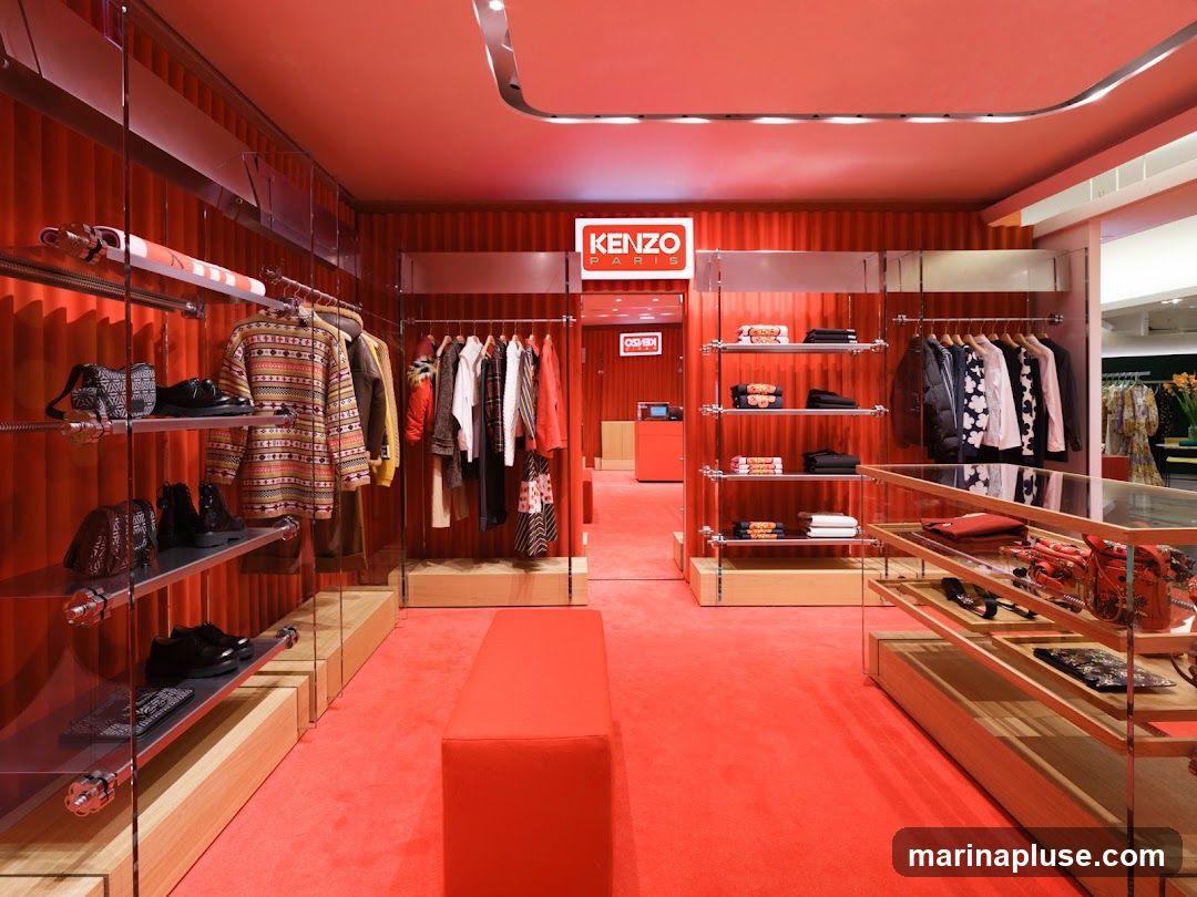 The interior of a KENZO PARIS store, predominantly red, with clothing and accessories displayed on shelves and racks. The store features a bright red carpet, red walls with vertical ribbed paneling, and modern chrome fixtures. Clothing items include sweaters, jackets, and shirts, along with handbags and shoes. A prominent "KENZO PARIS" sign is visible.
