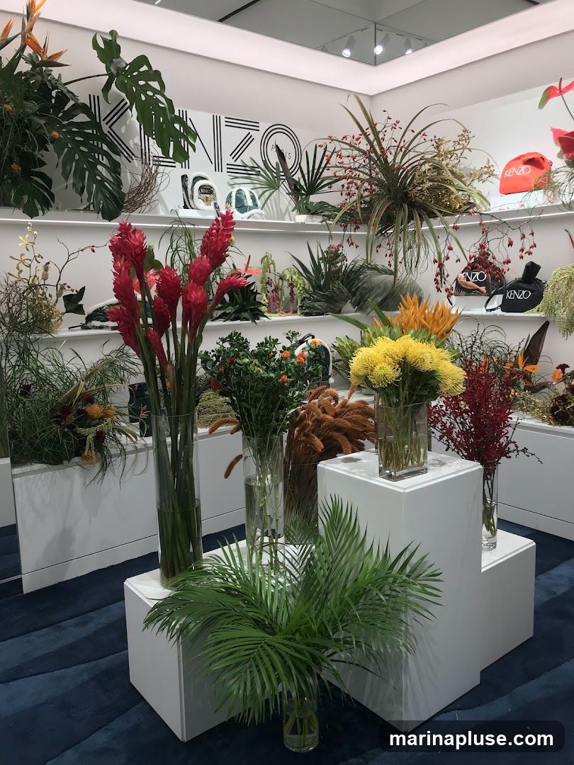 A retail display featuring a variety of tropical and exotic flowers and plants. The background wall prominently displays the KENZO logo in large black lettering. Various KENZO branded bags and accessories are visible on shelves behind the floral arrangements. The display is set up on white tiered platforms with a dark blue carpeted floor.