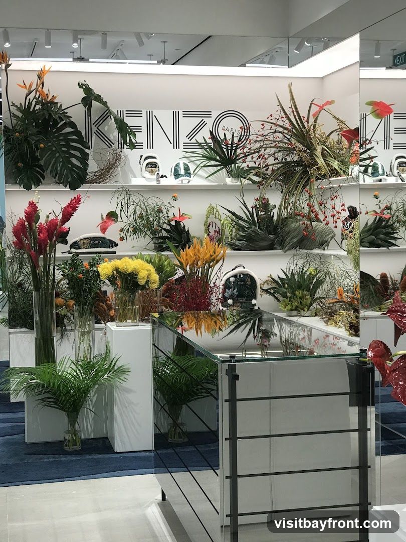 A display of various flowers and plants arranged on shelves and in vases. The KENZO PARIS logo is visible on the back wall. A mirrored counter is in the foreground.