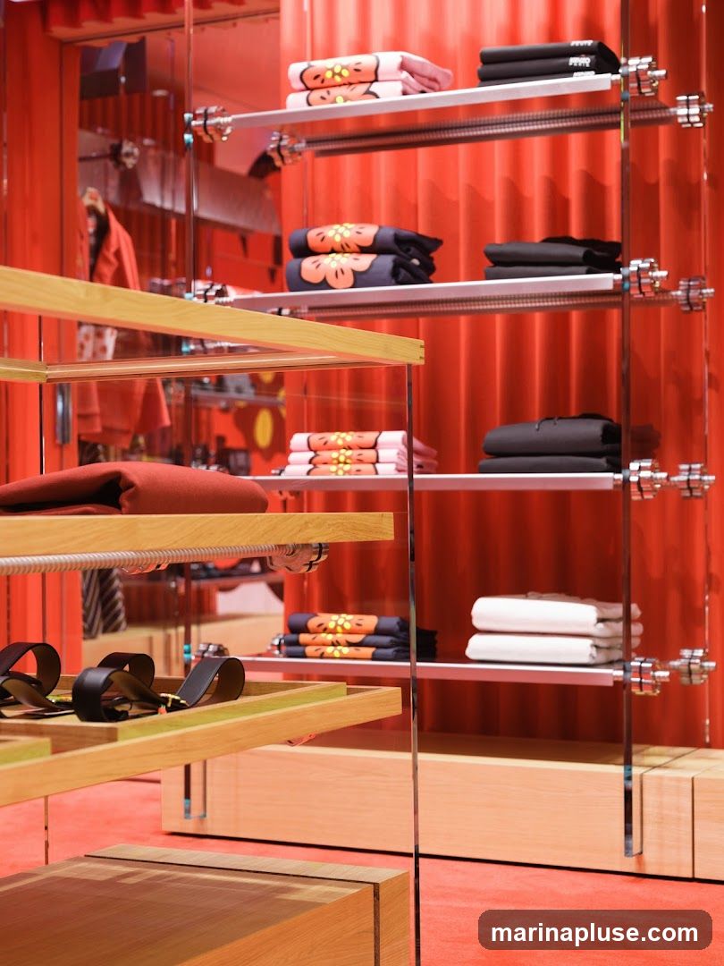 A retail display featuring folded clothing items on shelves. The items include t-shirts with a floral pattern and solid black and white t-shirts. There are also belts displayed on a wooden shelf. The background is a vibrant red corrugated wall.