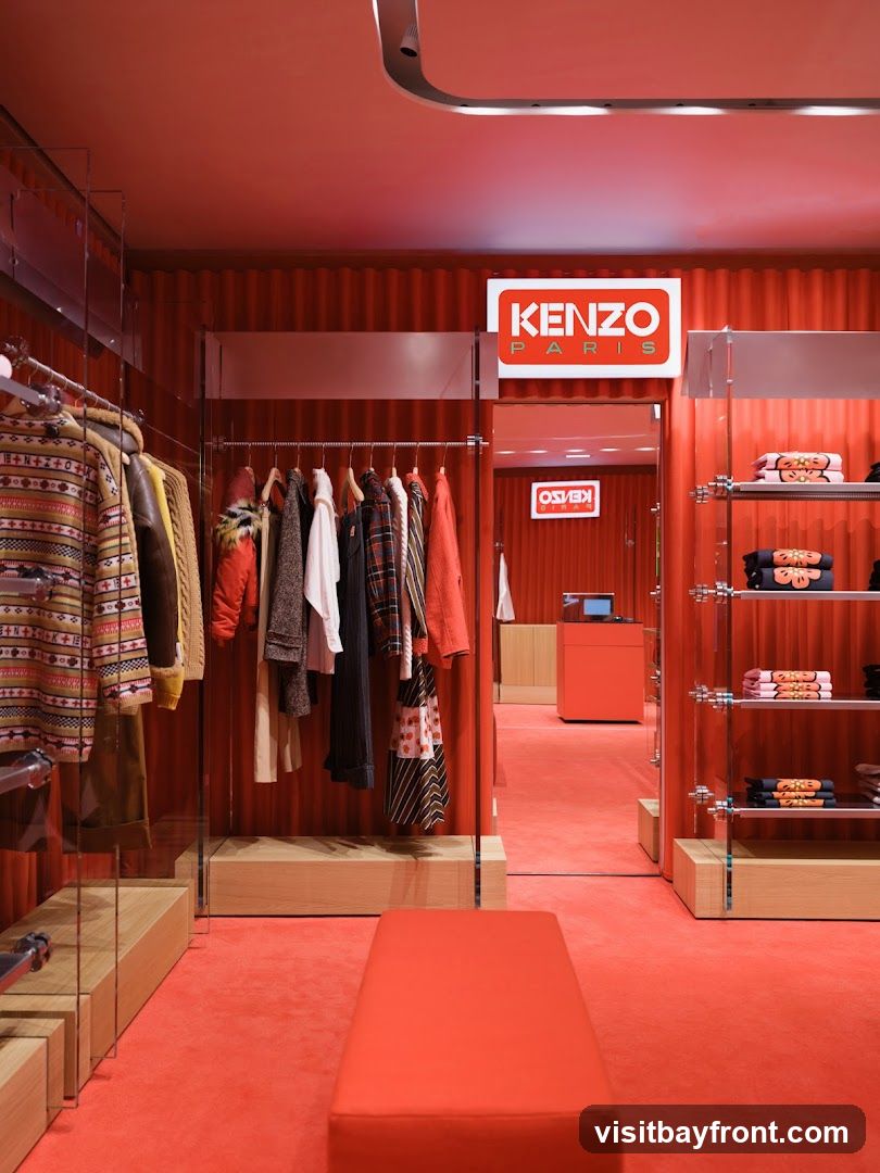 The interior of a KENZO PARIS store, featuring a vibrant red color scheme. Racks of clothing are displayed, including sweaters, jackets, and dresses. Shelves showcase folded items, possibly t-shirts or accessories. A red bench is placed in the foreground. The store's branding, "KENZO PARIS," is visible on illuminated signs.