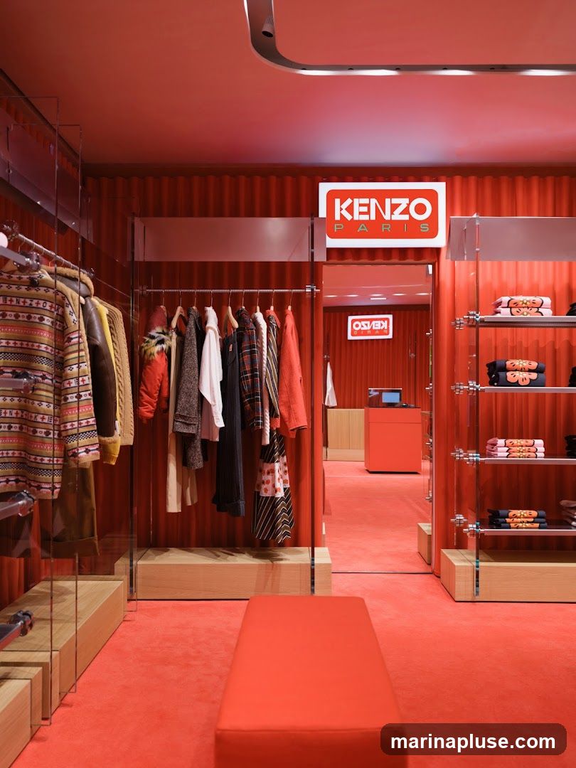The interior of a KENZO PARIS store, featuring a vibrant red color scheme. Racks of clothing are displayed, including sweaters, jackets, and dresses. Shelves showcase folded items, possibly t-shirts or accessories. A red bench is placed in the foreground. The store's branding, "KENZO PARIS," is visible on illuminated signs.