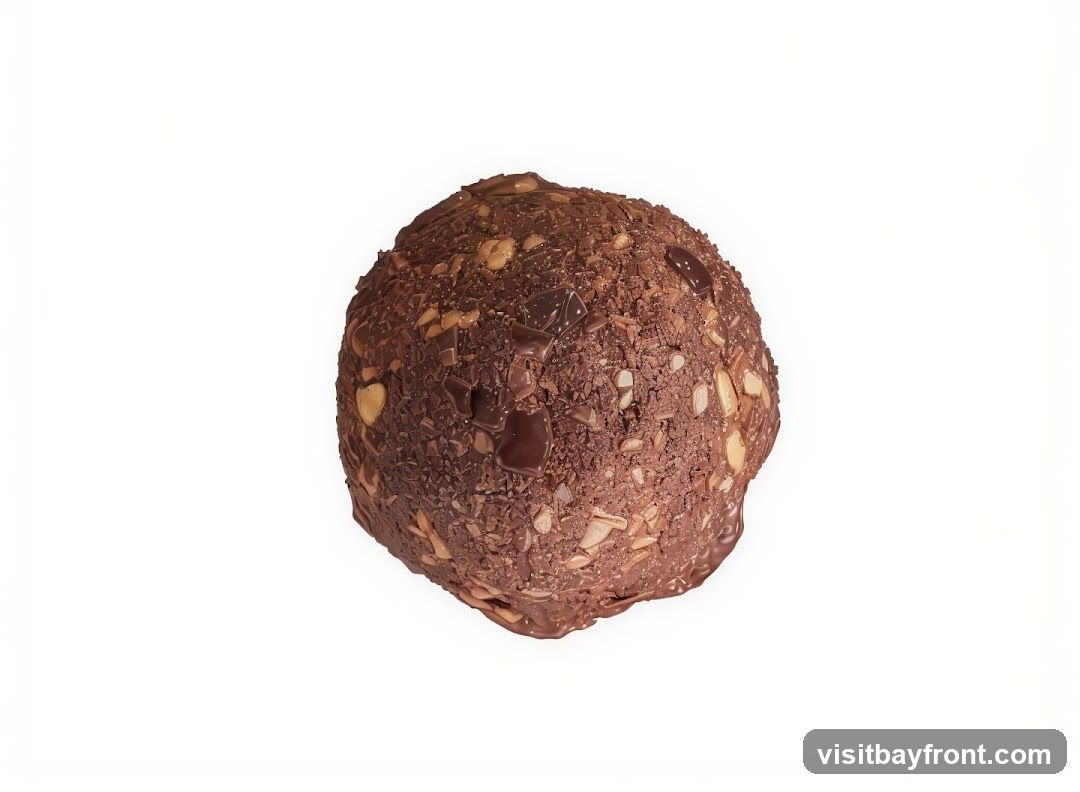 A close-up, isolated shot of a spherical chocolate confection. The surface is textured with finely chopped nuts and irregular pieces of dark chocolate, giving it a rustic appearance.