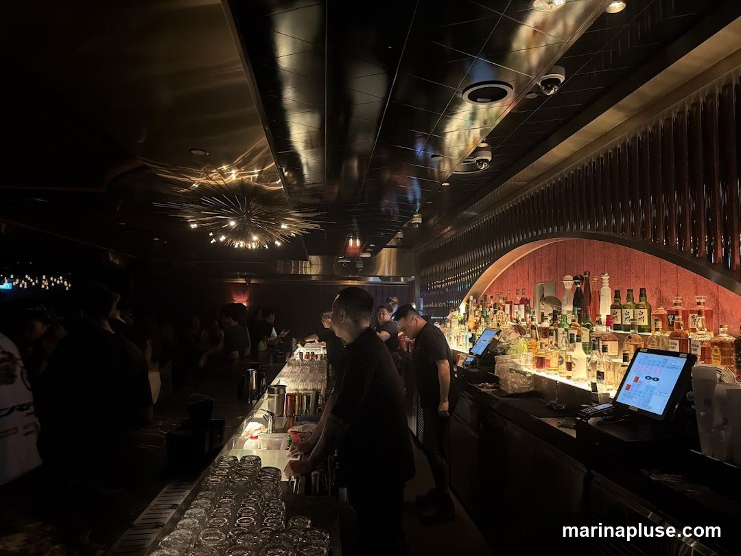 A dimly lit bar with a long counter stocked with numerous bottles of alcohol. Bartenders are visible behind the counter, and patrons are standing and seated. A unique sputnik-style chandelier hangs from the ceiling, casting intricate light patterns.