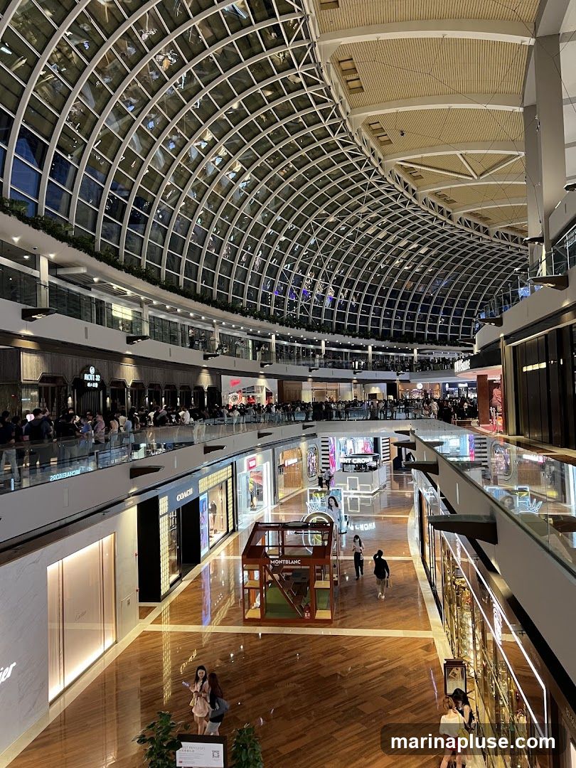A wide-angle view of the interior of a multi-level shopping mall with a distinctive arched glass ceiling. The mall features polished wooden floors, numerous storefronts with illuminated displays, and escalators. People are seen browsing shops and walking along the elevated walkways. Brands like Cartier, Coach, and Montblanc are visible.