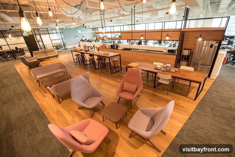 An open-plan office break area with a kitchen counter, a long communal table with stools, and a separate dining table with chairs. Comfortable lounge seating, including sofas and armchairs in pastel colors, is arranged on a wooden floor. The space features industrial-style pendant lighting and a large stainless steel refrigerator. A sign with the word "ahrof" is visible above the kitchen counter.
