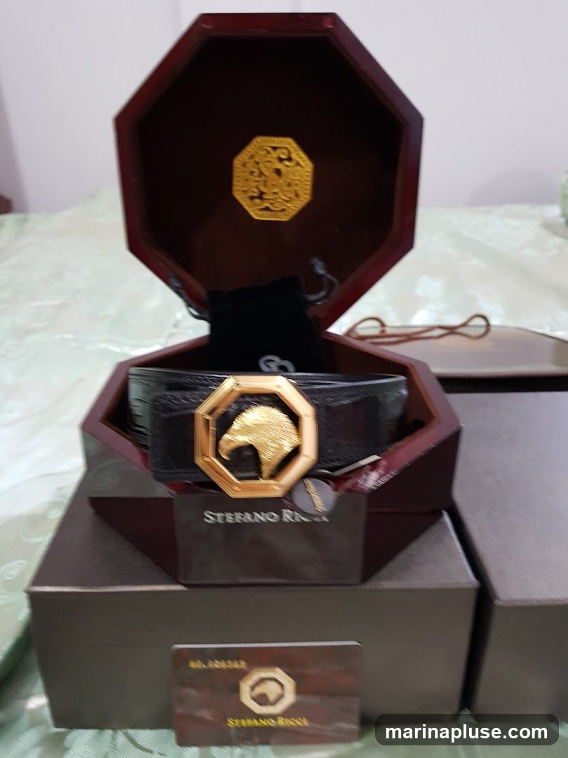 A black leather Stefano Ricci belt with a gold eagle buckle is displayed in an octagonal wooden presentation box. The box is open, revealing the belt and a black velvet pouch. A small card with the Stefano Ricci logo and a serial number is placed in front of the box.