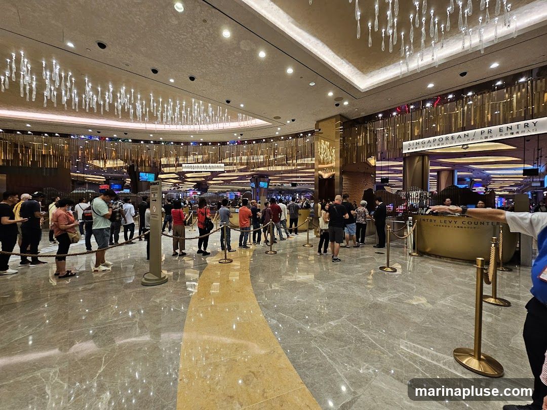 A long queue of people waiting to enter a casino. There are signs for "SINGAPOREAN / PR ENTRY" and "ENTRY LEVY COUNTER". The interior is brightly lit with decorative ceiling lights and golden accents.