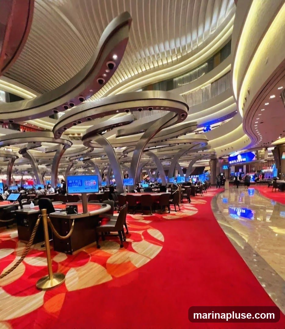 A wide shot of a casino floor with rows of gaming tables and slot machines. The floor is covered in a red carpet with a circular pattern. The ceiling features a modern, curved design with integrated lighting. Several people are visible at the tables and walking around.