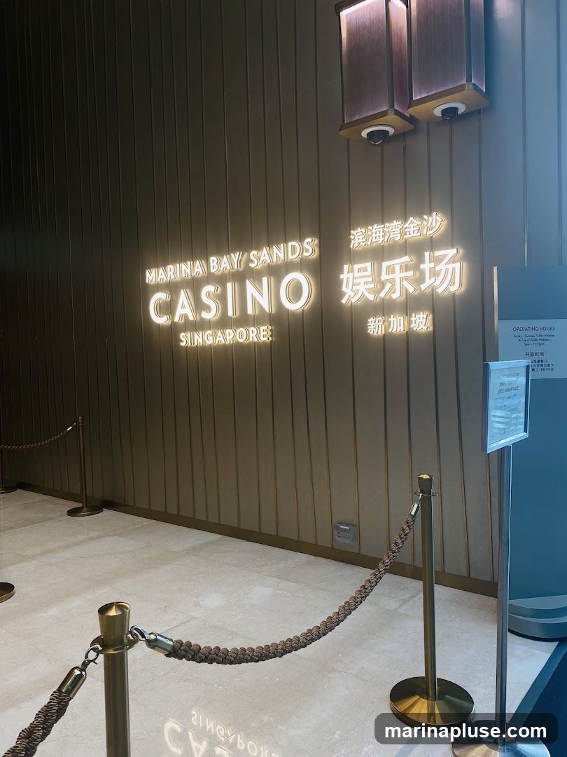 A well-lit sign for Marina Bay Sands Casino in Singapore is mounted on a textured wall. The sign features the words "MARINA BAY SANDS CASINO SINGAPORE" in English and Chinese characters. Ropes and stanchions are set up in front of the entrance, suggesting a queue or controlled access. An operating hours sign is visible to the right.
