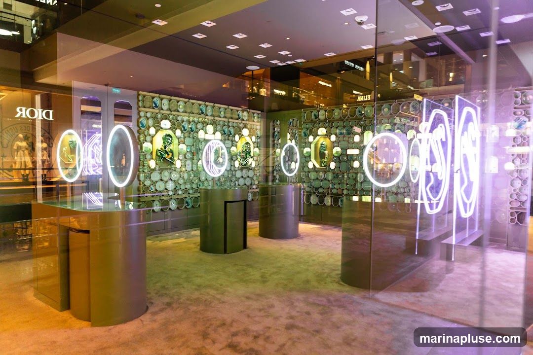 The interior of a Dior store is showcased, featuring a wall adorned with numerous circular and rectangular decorative elements. Several display stands with illuminated circular frames are placed throughout the space. Neon signs with the Dior logo are visible, along with mannequins dressed in Dior clothing displayed in a window. The floor is carpeted, and the lighting is a mix of ambient and accent lighting, creating a modern and luxurious atmosphere.