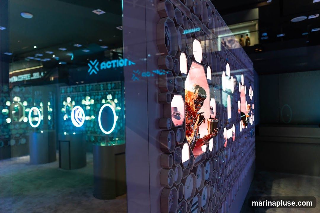 A sleek and modern display of jewelry, featuring a wall with hexagonal compartments showcasing necklaces and pendants. A metallic mannequin is positioned in a central display niche, holding a golden cup. The background shows a store interior with illuminated displays and a reflection of the 'ACTION' logo.