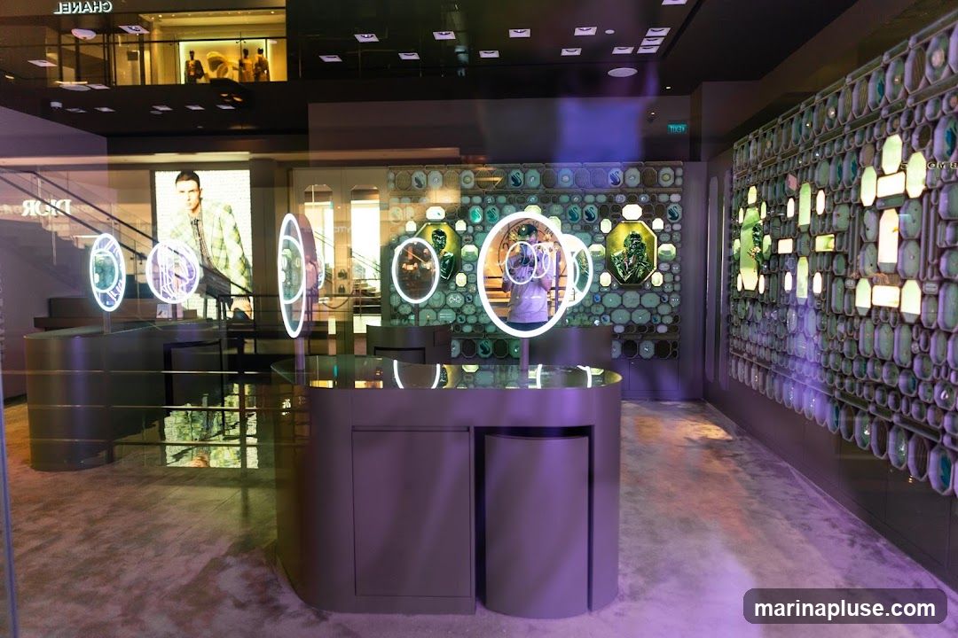 The interior of a high-end store, possibly a jewelry or watch retailer, is showcased. The space features sleek, modern display units with illuminated circular frames, likely for showcasing products. A large digital screen displays a male model. The walls are adorned with decorative panels filled with numerous small, faceted objects, creating a textured and visually rich backdrop. Reflections on the floor suggest a polished surface. Signage for "DIOR" is visible on a staircase in the background.
