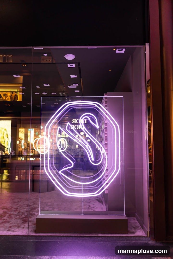 A neon sign in the shape of a swan within an octagonal frame, illuminated in purple, is displayed in the window of a store. The word "DIOR" is visible in reverse through the glass. The store interior, with displays and lighting, is reflected in the window.