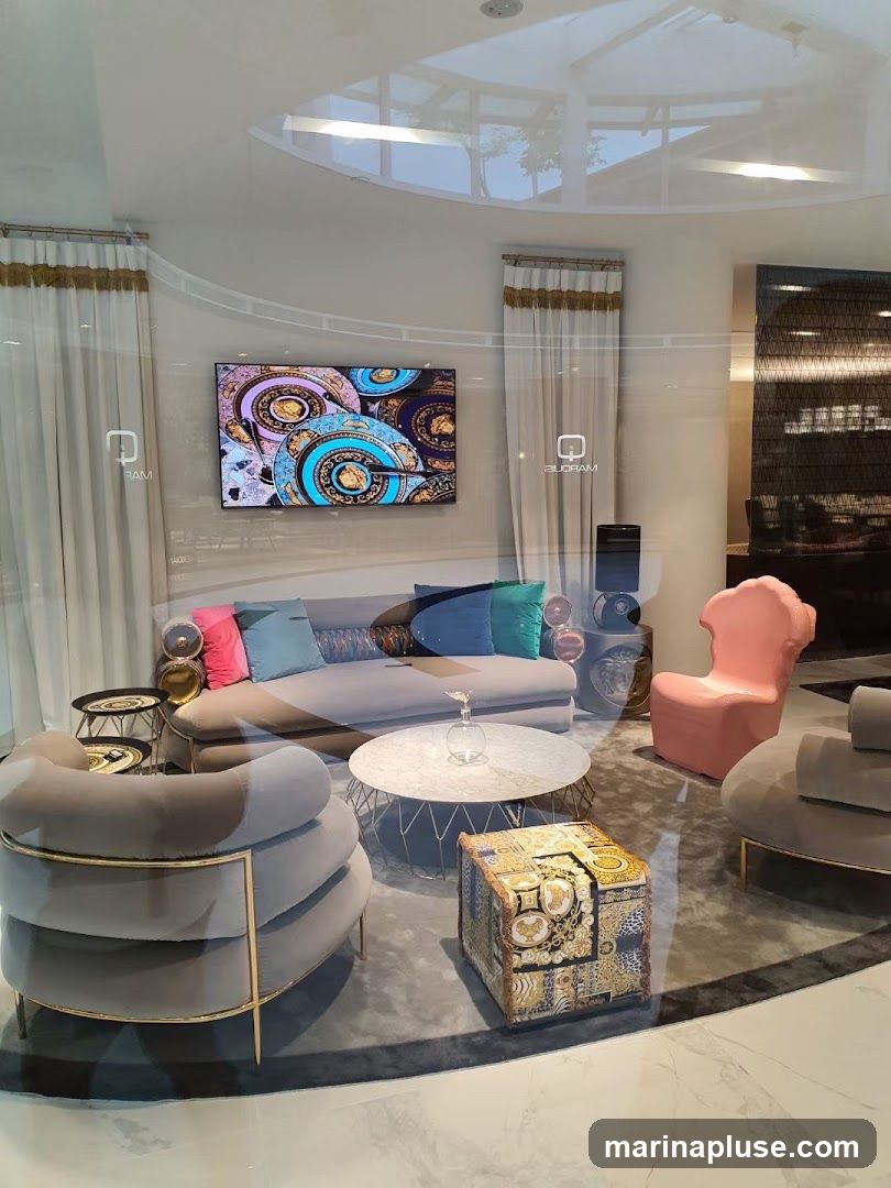 A well-lit interior space showcasing a modern living room setup. A grey sectional sofa is adorned with colorful throw pillows in pink, teal, and blue. In front of the sofa sits a round marble coffee table with a glass vase. To the left, a grey armchair with gold accents faces the coffee table, and a patterned ottoman is placed in the center. A pink accent chair is visible on the right. A large flat-screen television mounted on the wall displays a vibrant, abstract circular pattern. The room features elegant curtains and a reflective ceiling, suggesting a showroom or display environment.