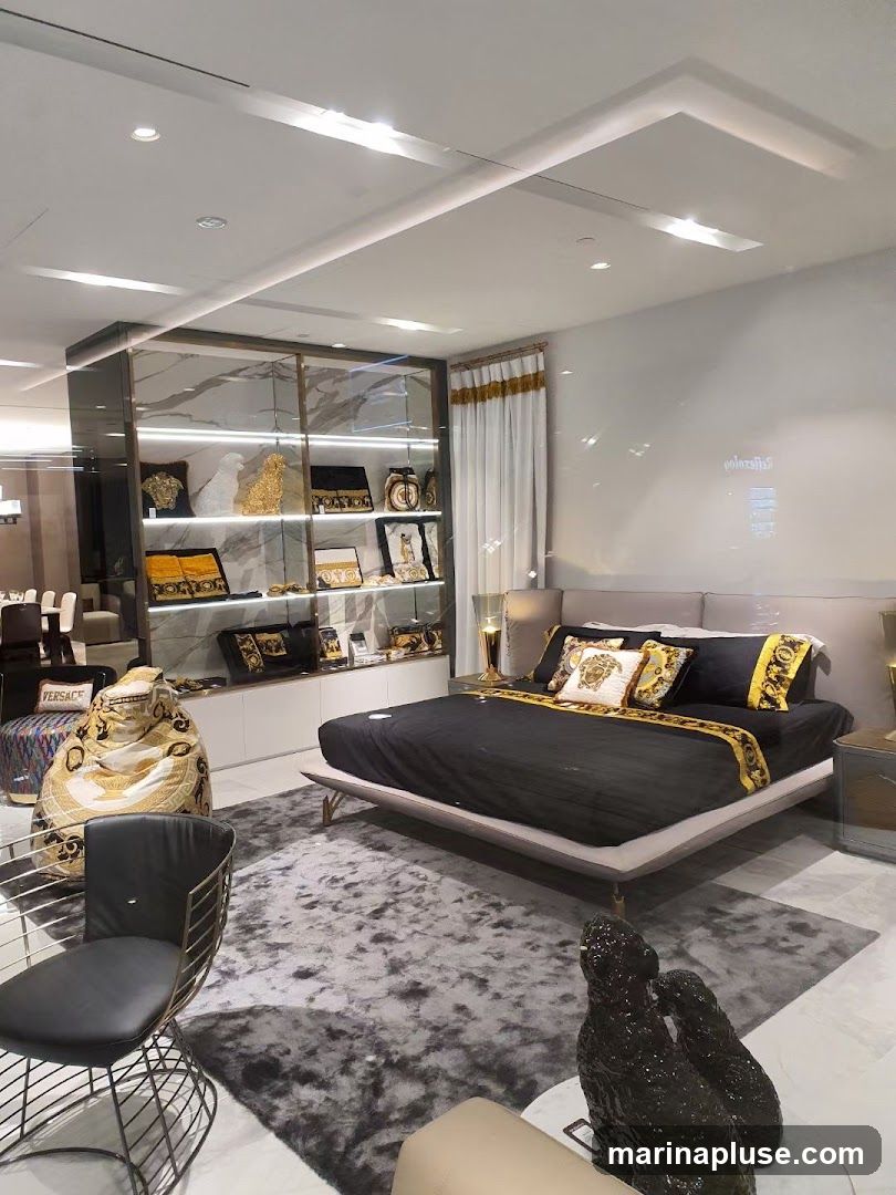 A high-end bedroom display featuring a bed with black and gold Versace bedding, a grey rug, a modern chair, and decorative items on shelves. The room has a luxurious and sophisticated ambiance.